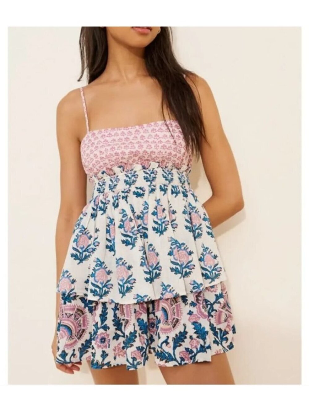 Anthropologie Celandine Straight Neck Tiered Block Print Mini Dress Size M